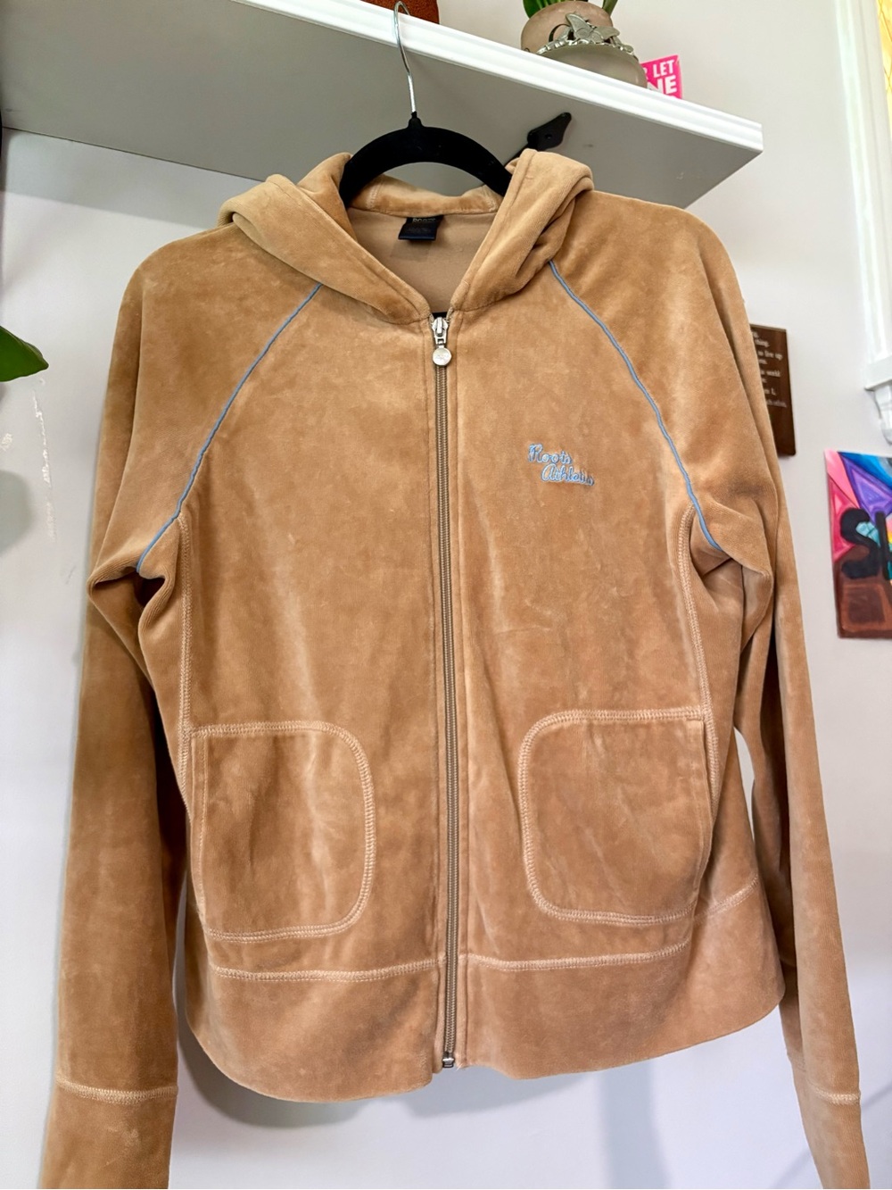 Roots Tan Velour Zip Hoodie with Light Blue Logo